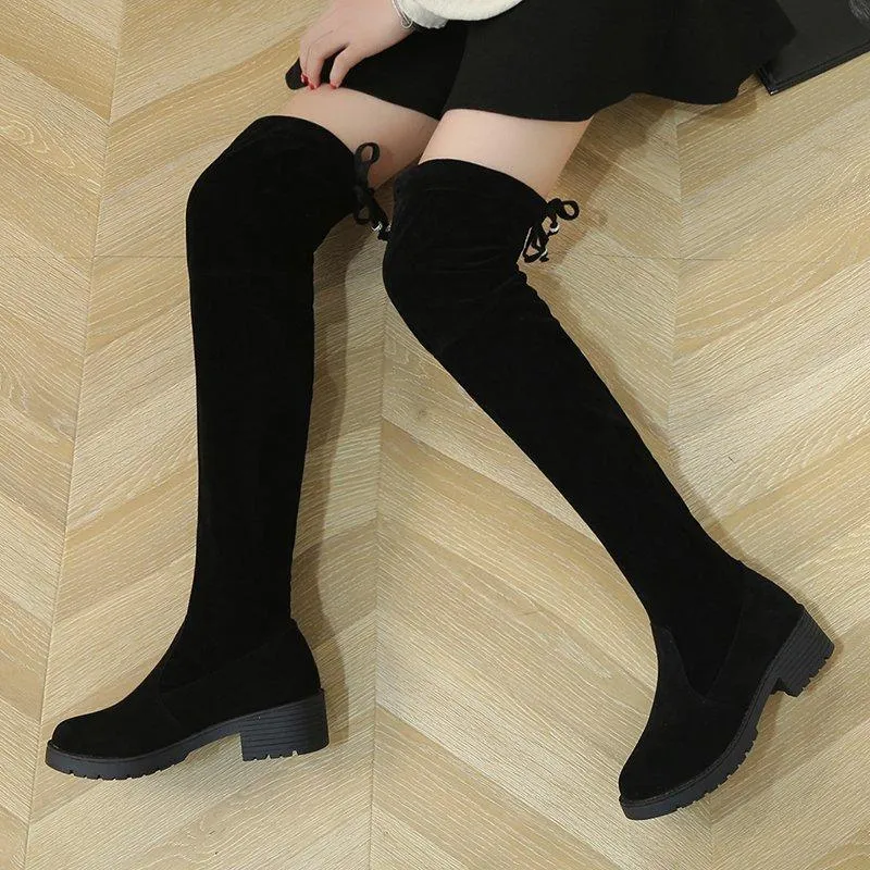 Women over the knee bowknot chunky heel black boots