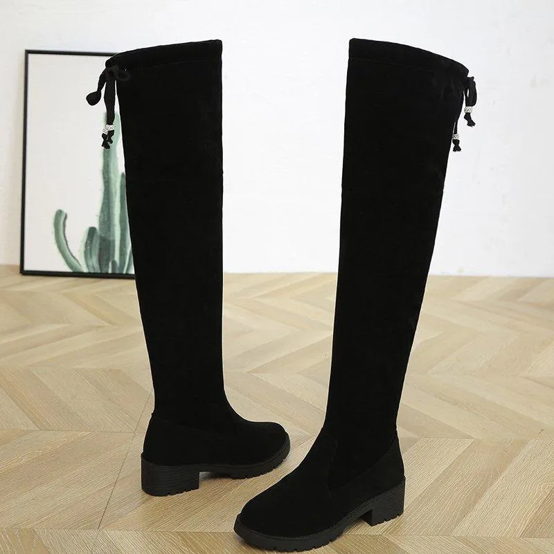 Women over the knee bowknot chunky heel black boots