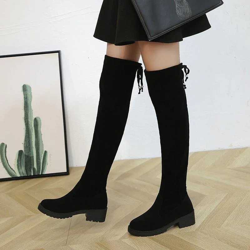 Women over the knee bowknot chunky heel black boots