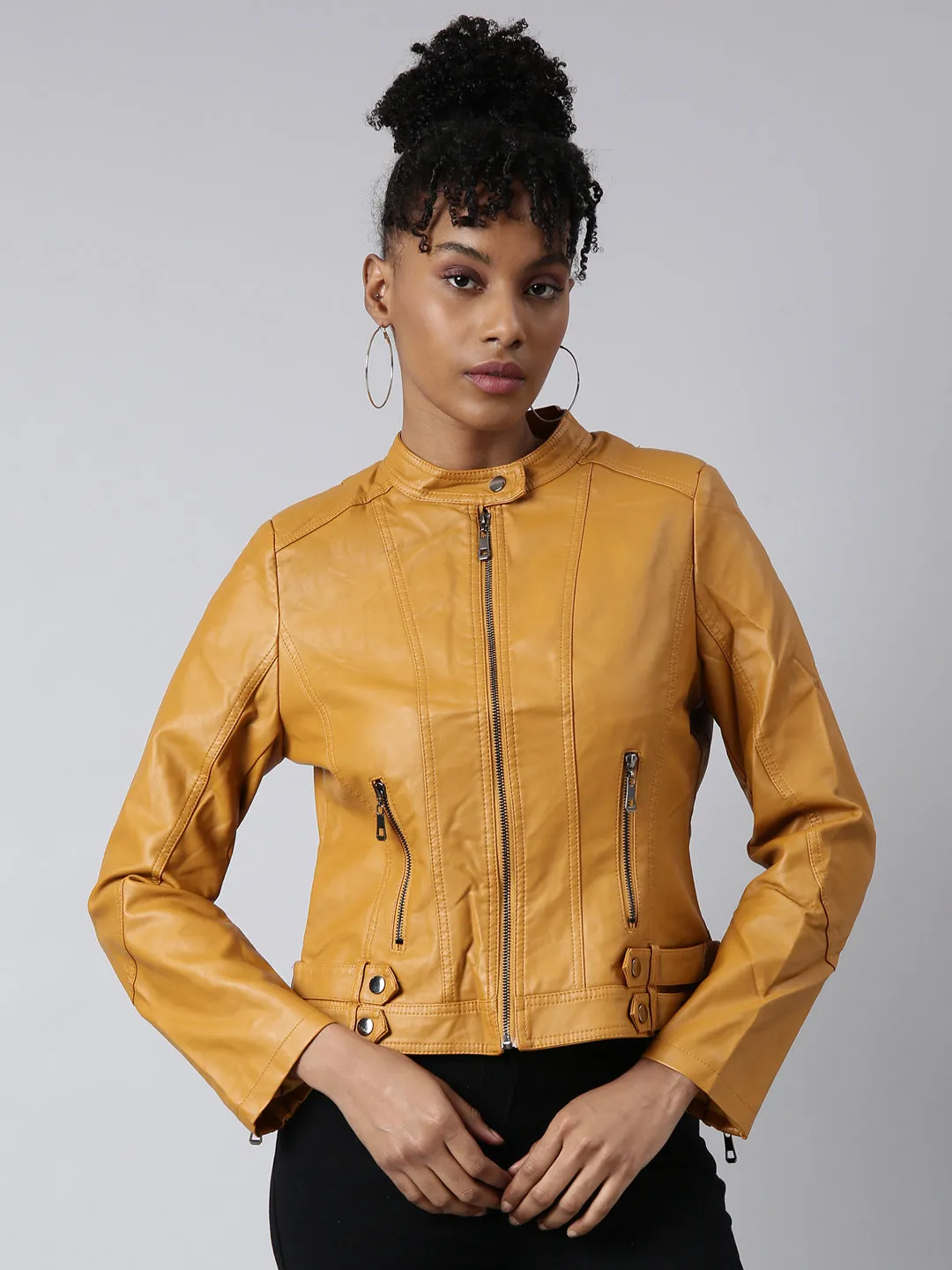 Women Solid Mustard Biker Jacket