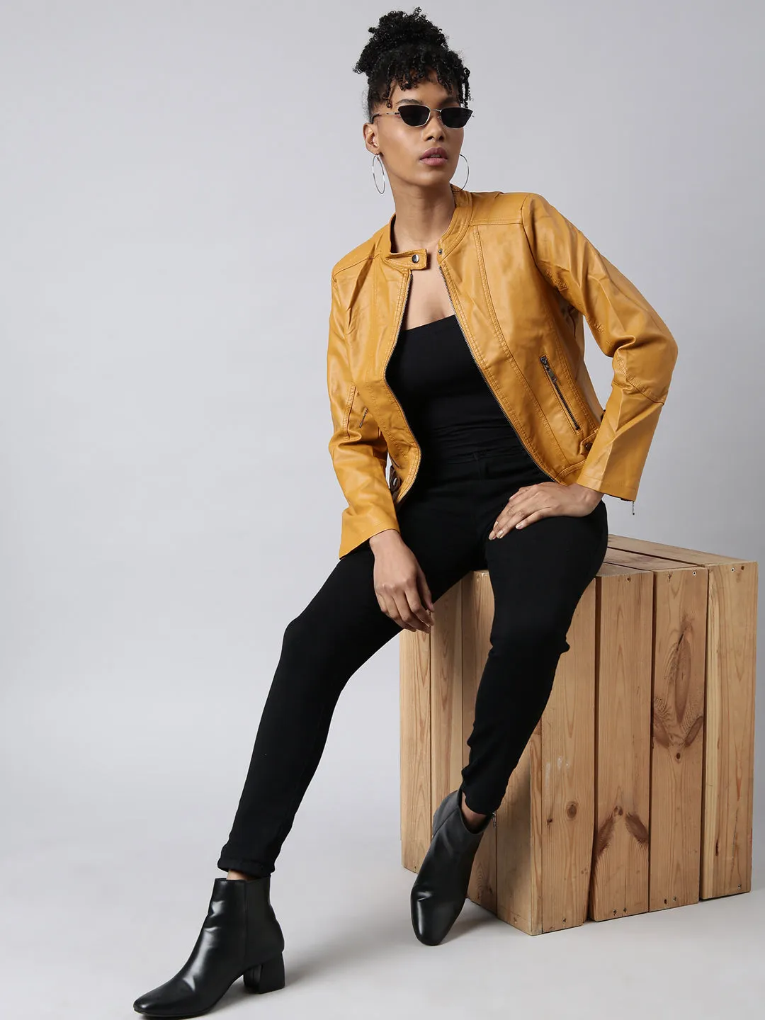 Women Solid Mustard Biker Jacket