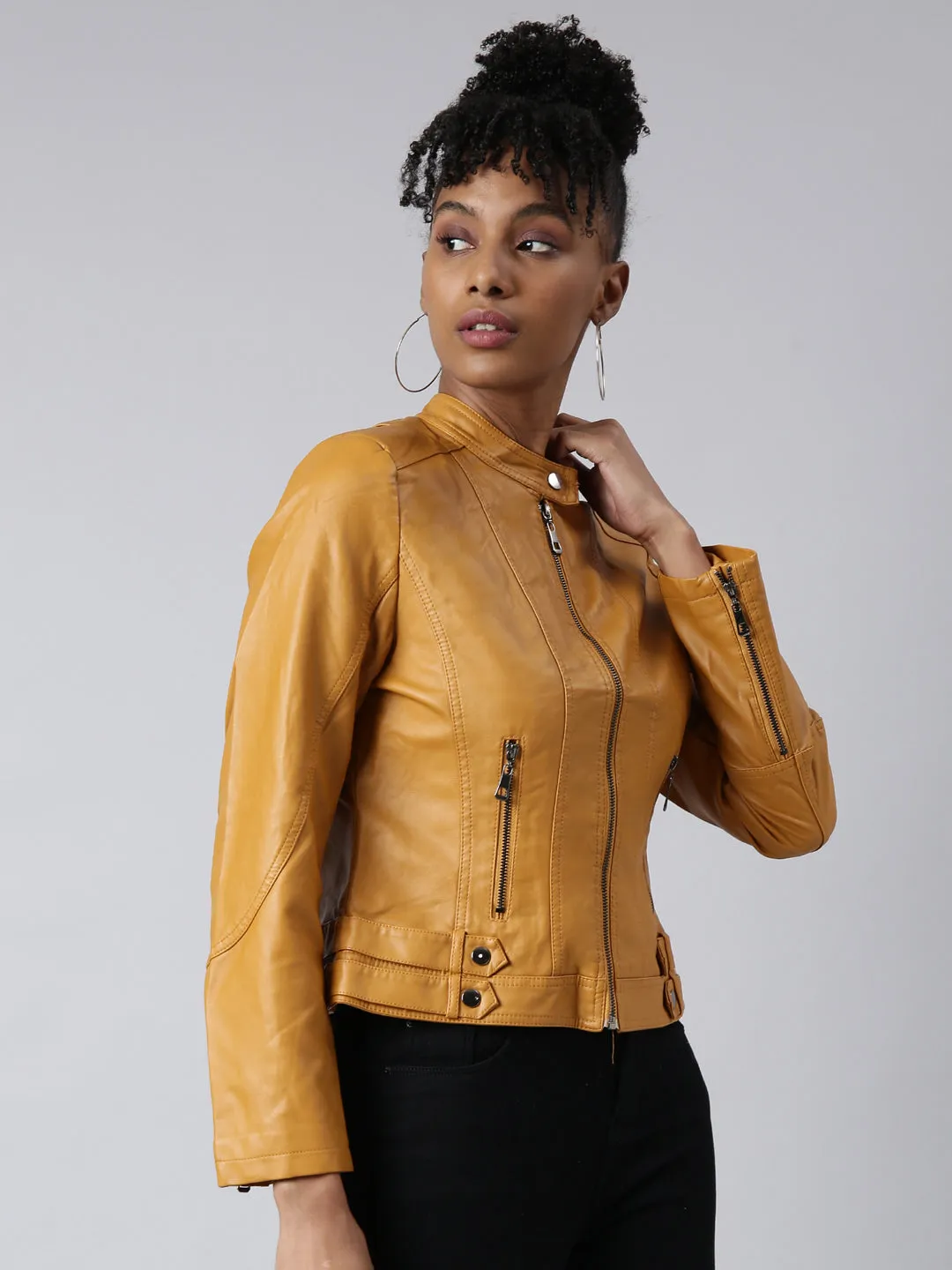 Women Solid Mustard Biker Jacket