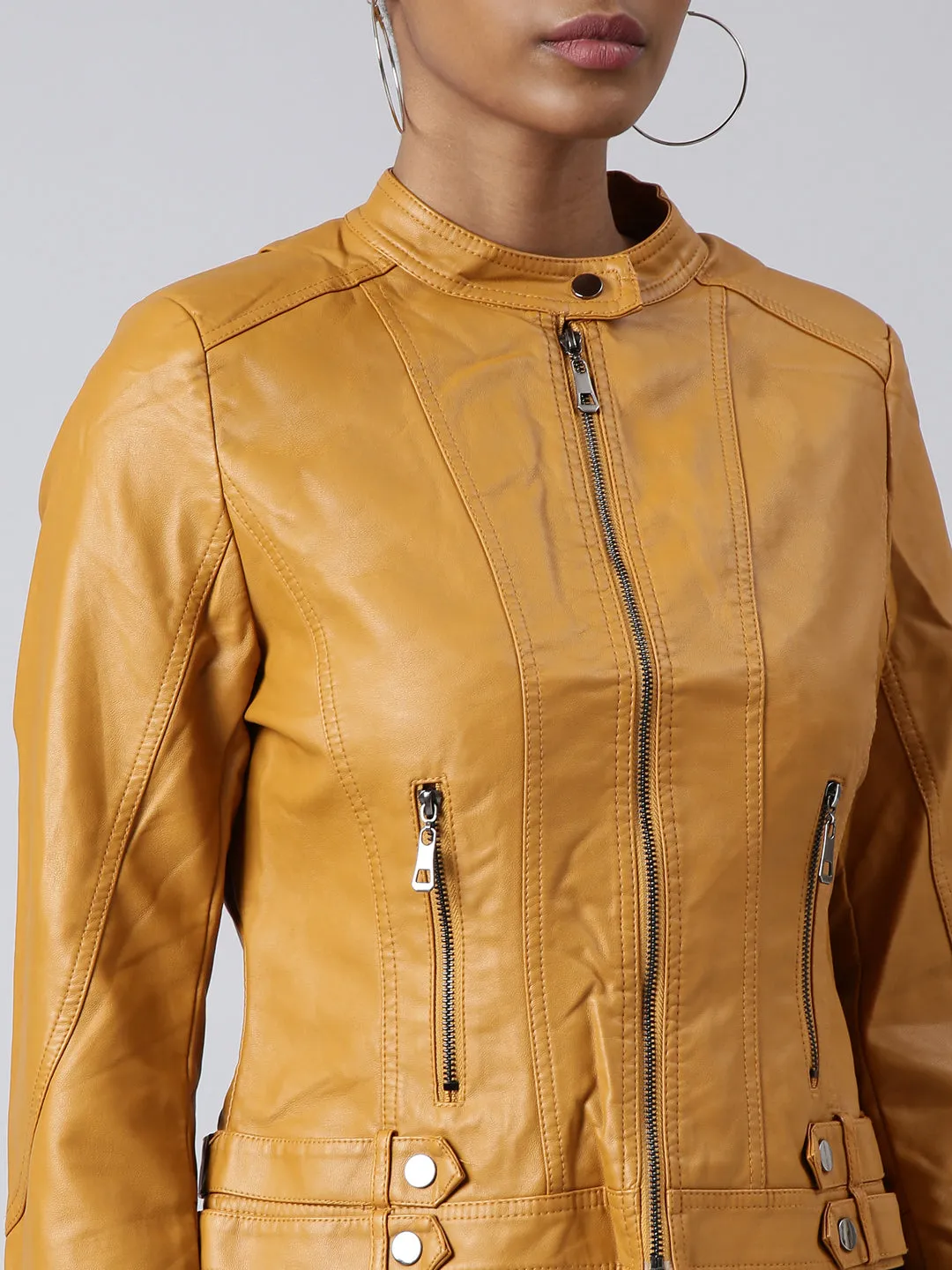 Women Solid Mustard Biker Jacket