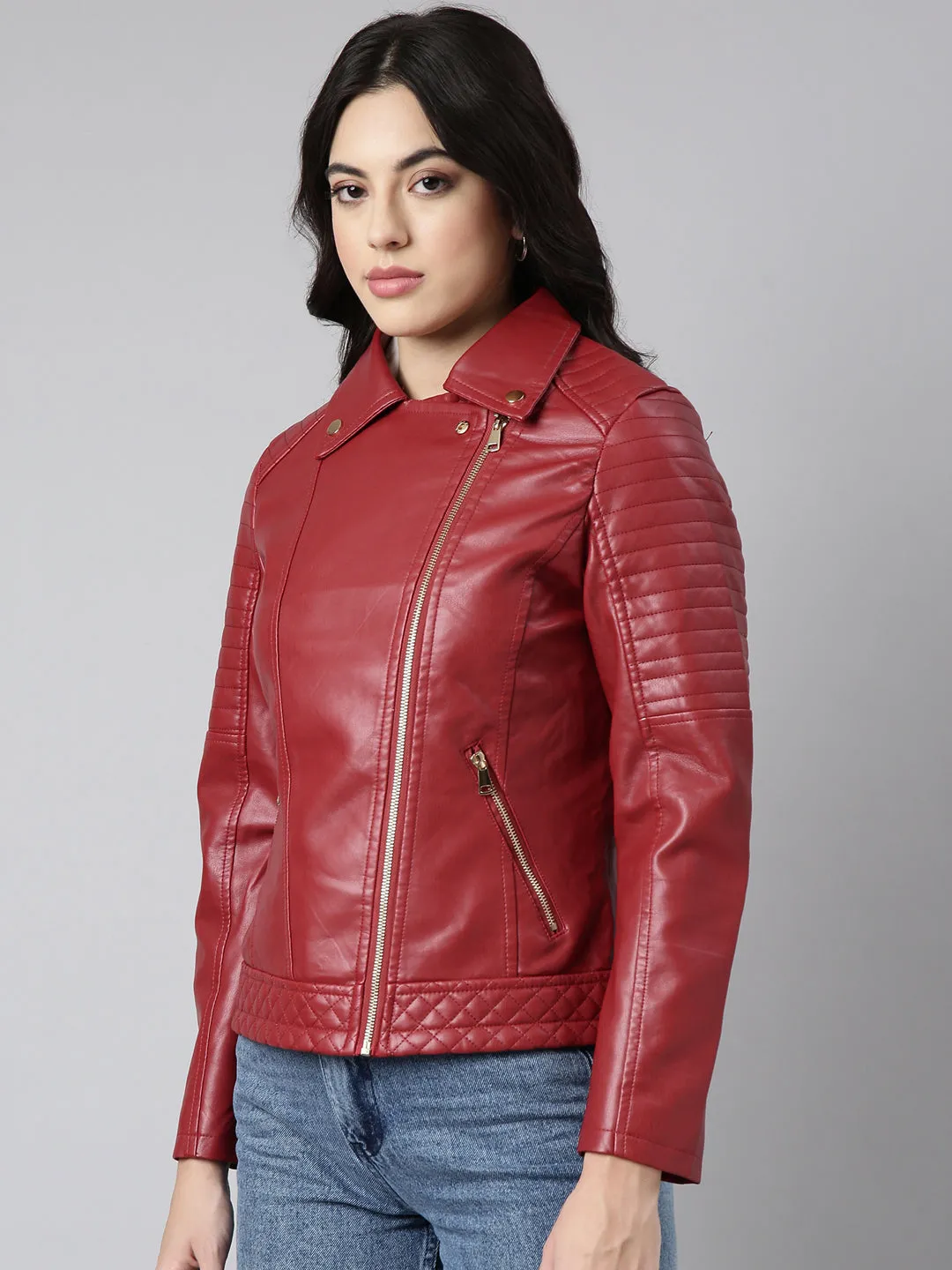 Women Solid Red Biker Jacket