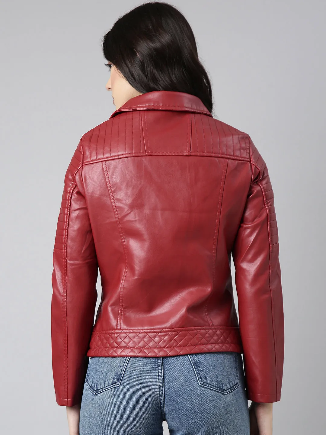 Women Solid Red Biker Jacket