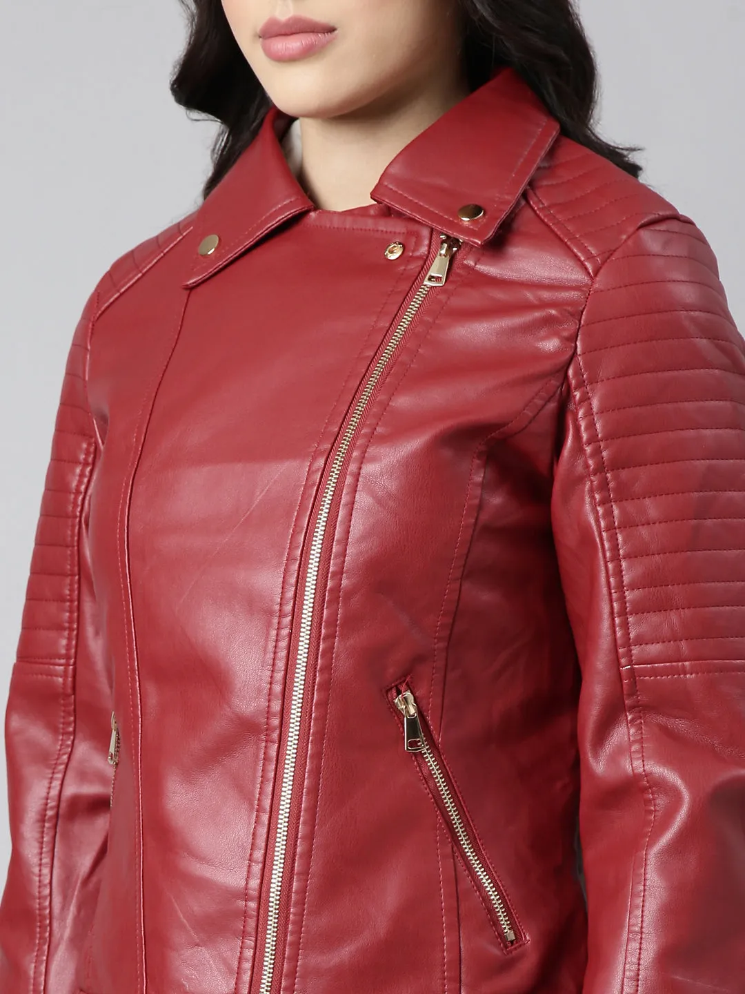 Women Solid Red Biker Jacket