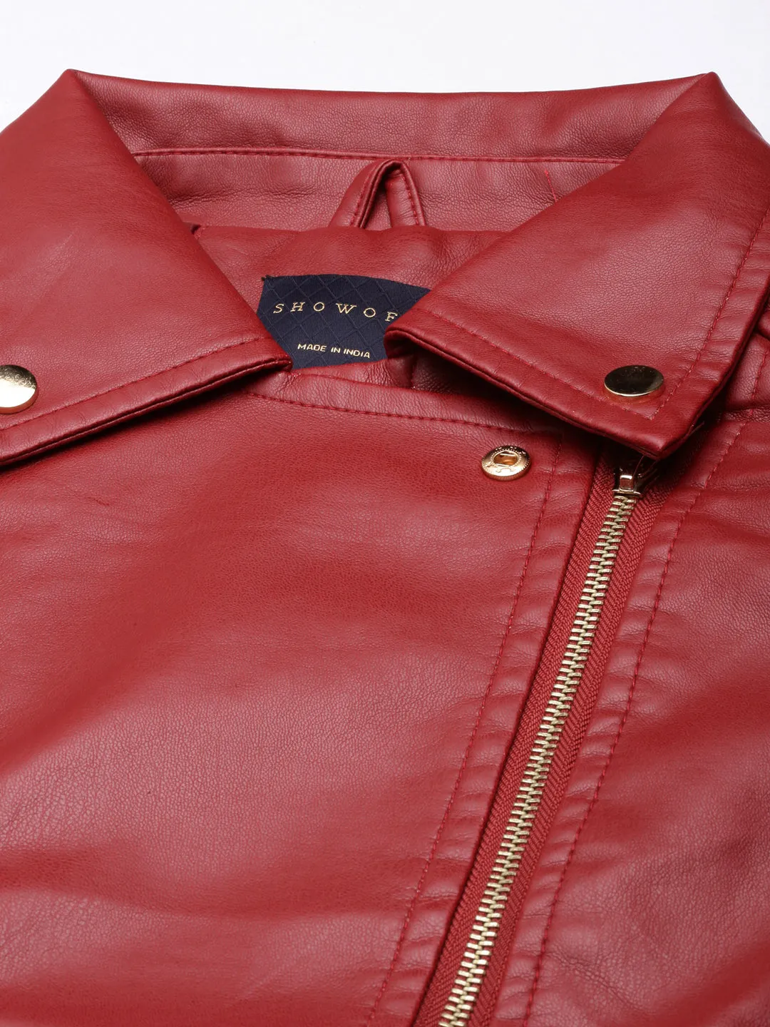 Women Solid Red Biker Jacket