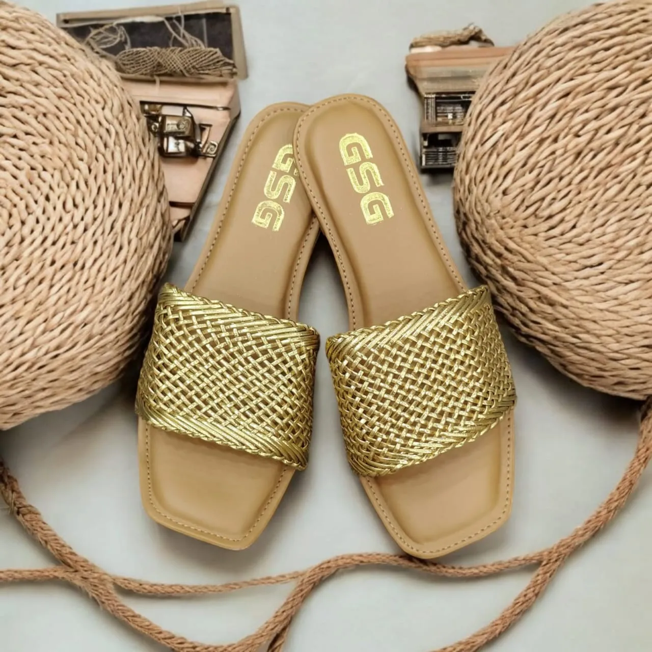 Women Stylishr Brown  Embellished Flat Sandals Golden