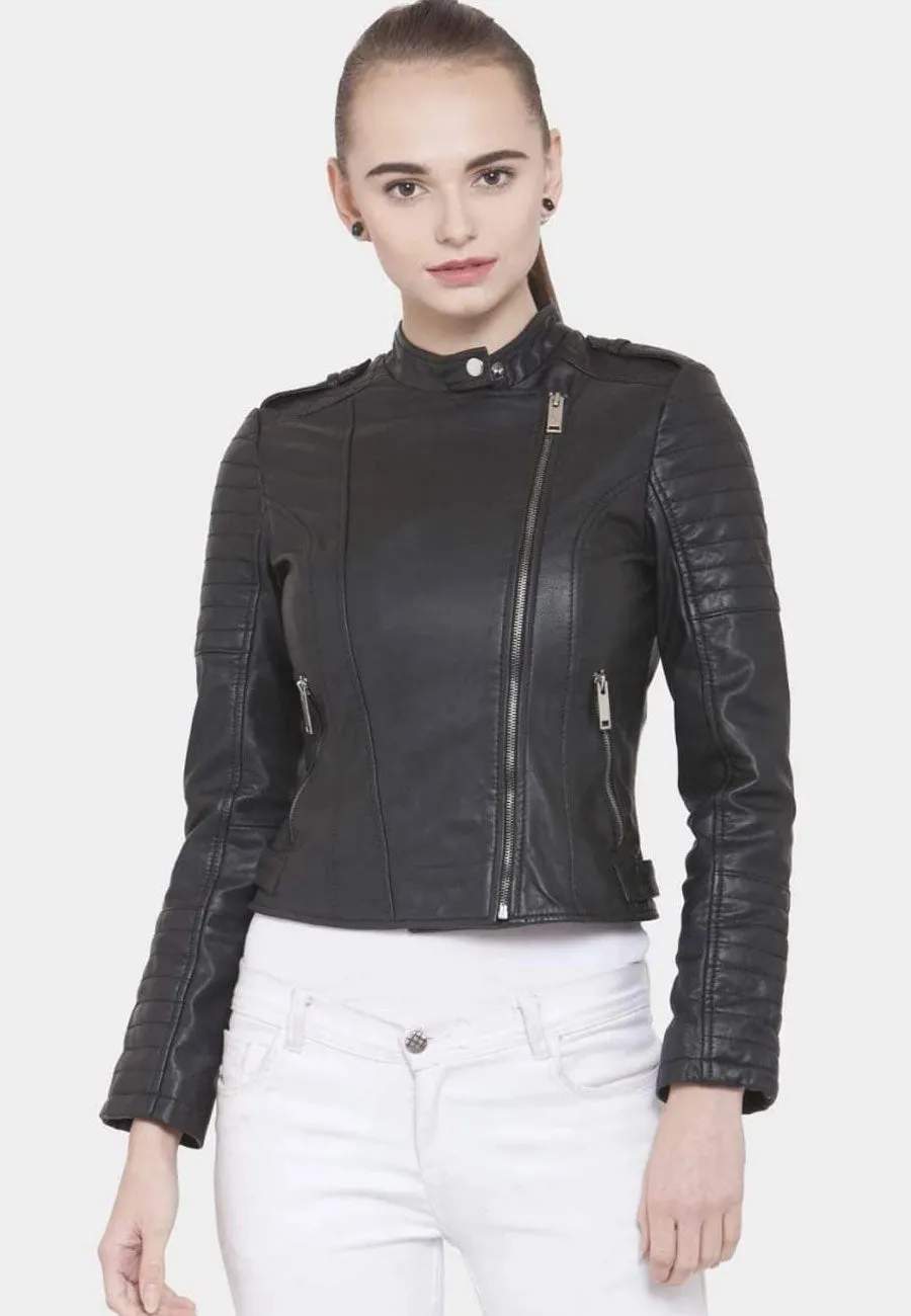 Women's Black Leather Slim Fit Biker Jacket