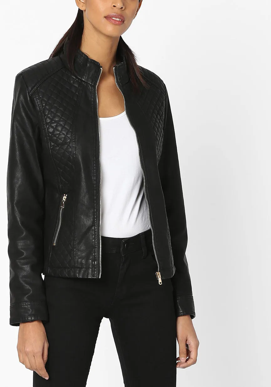 Women's Black Quilted Leather Motorcycle Jacket WJ059