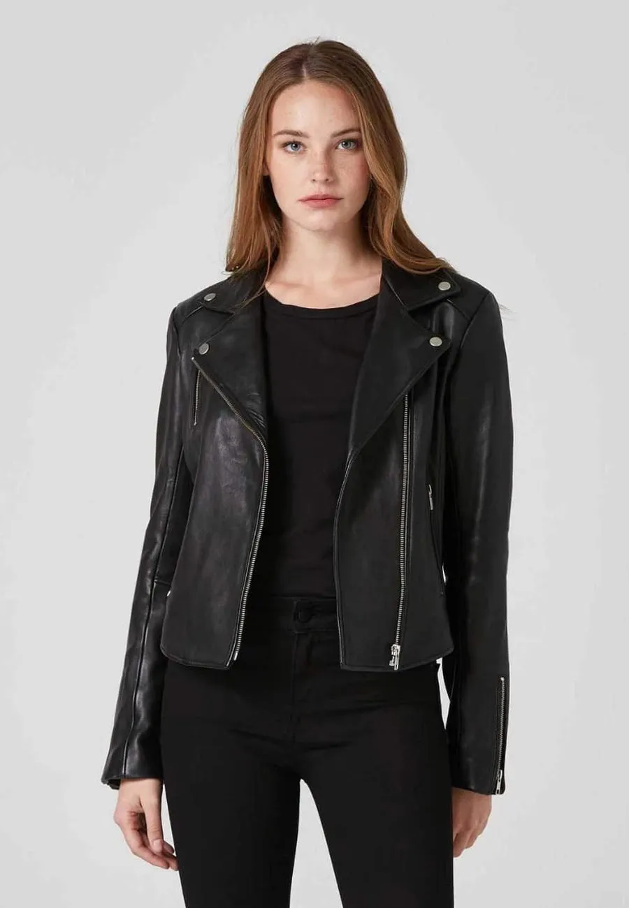 Women's Black Sheepskin Leather Biker Jacket