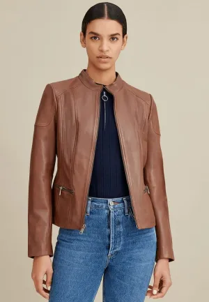 Women's Brown Leather Crew Neck Biker Jacket