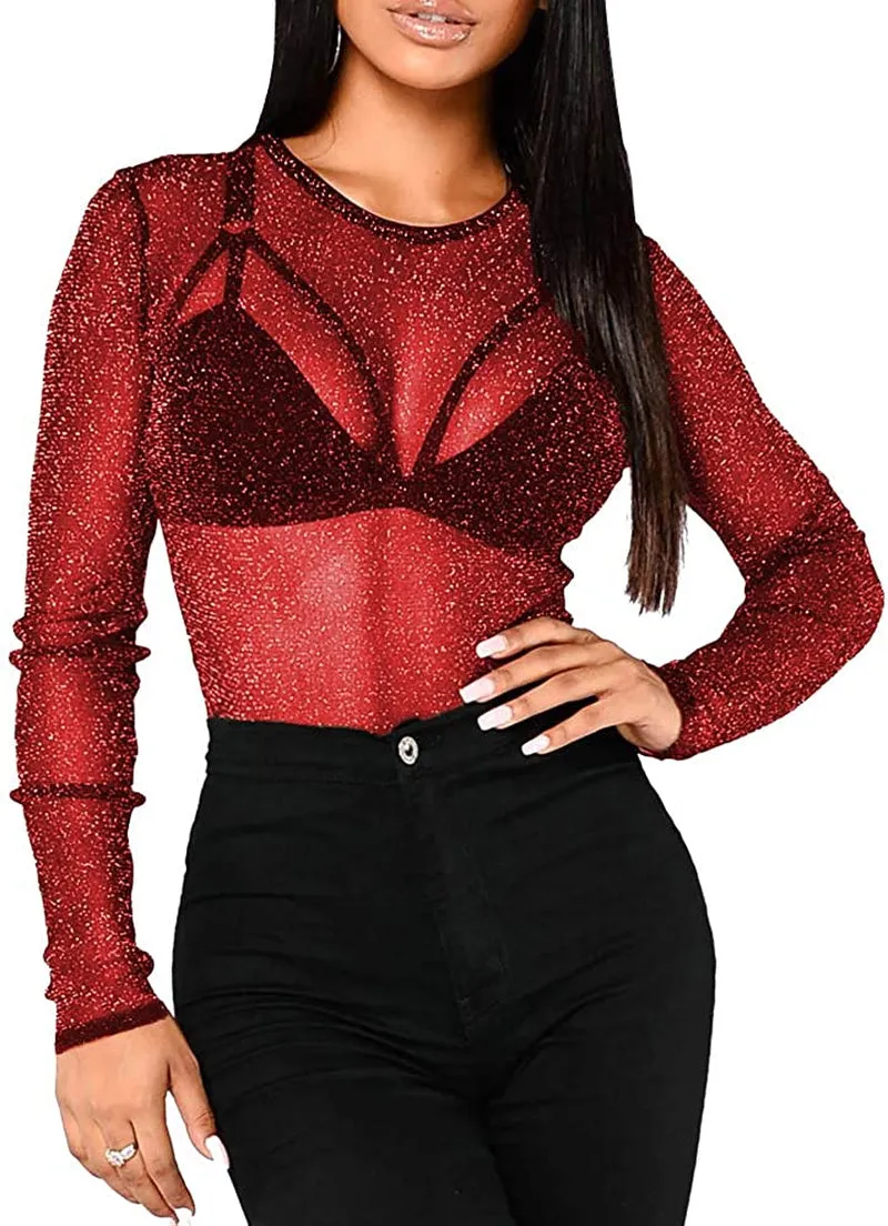 Women's Glitter Sheer Mesh Tops See through Short Sleeve/Long Sleeve Tee Blouse Sexy Clubwear