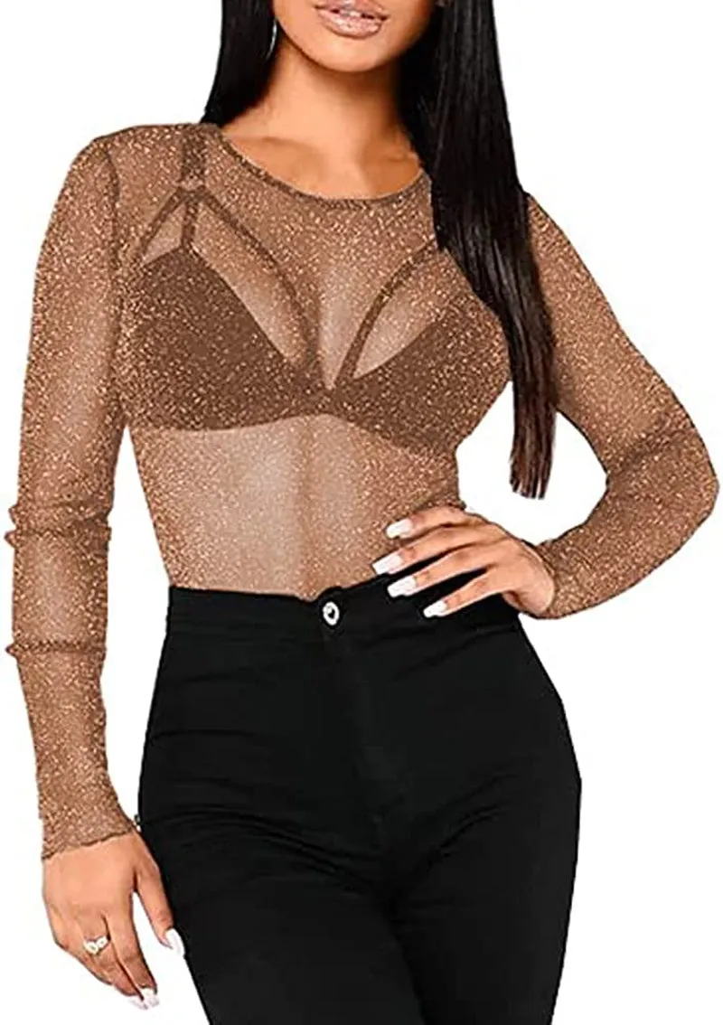 Women's Glitter Sheer Mesh Tops See through Short Sleeve/Long Sleeve Tee Blouse Sexy Clubwear