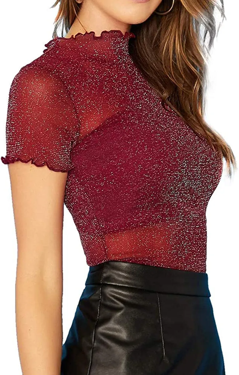 Women's Glitter Sheer Mesh Tops See through Short Sleeve/Long Sleeve Tee Blouse Sexy Clubwear