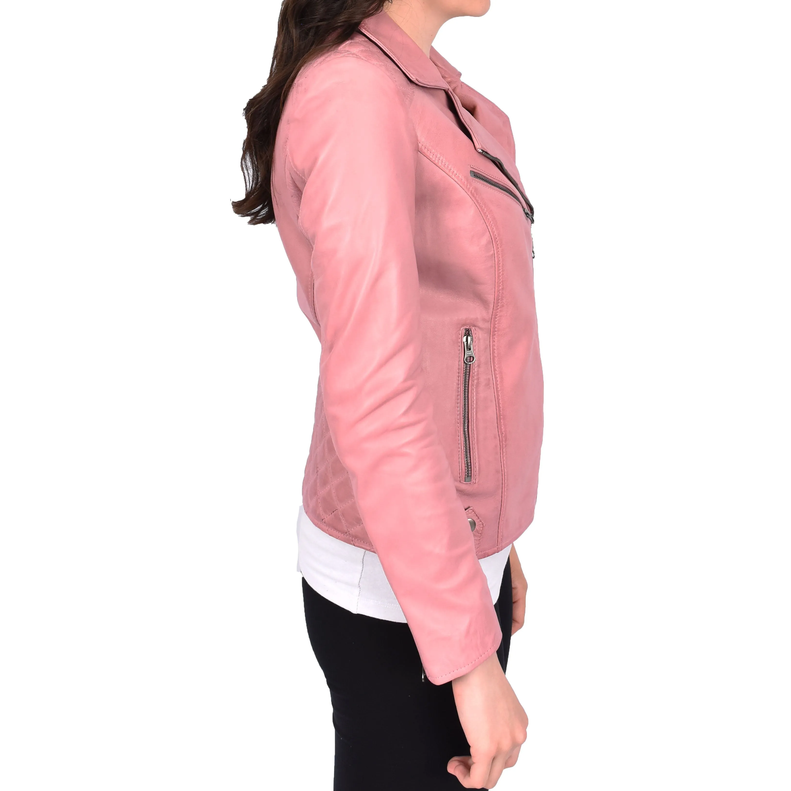 Womens Leather Biker Jacket Cross Zip Style Mona Pink