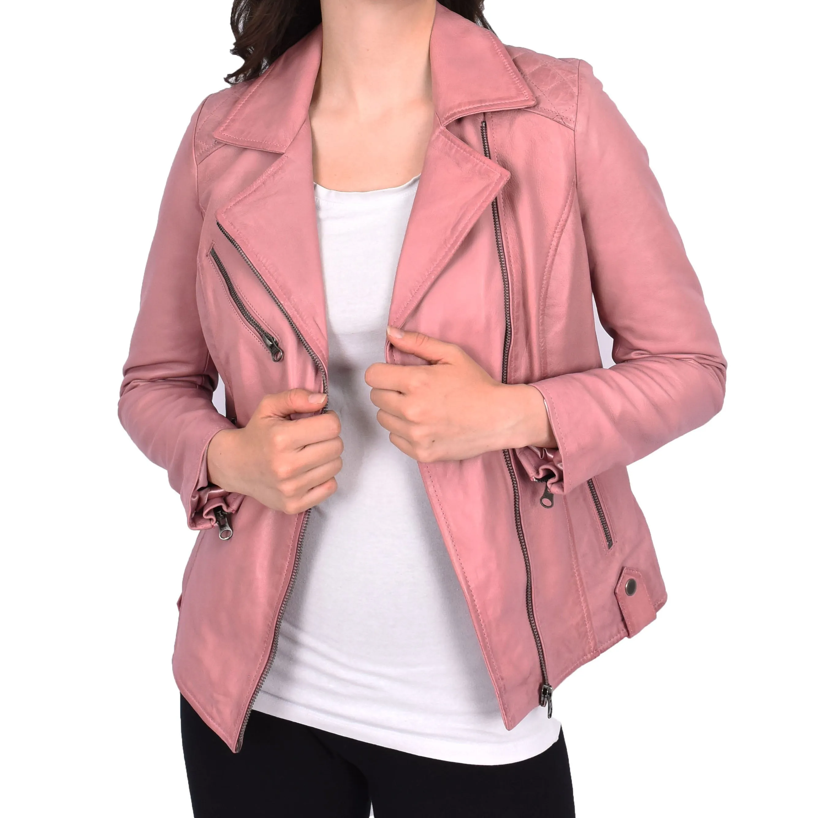 Womens Leather Biker Jacket Cross Zip Style Mona Pink