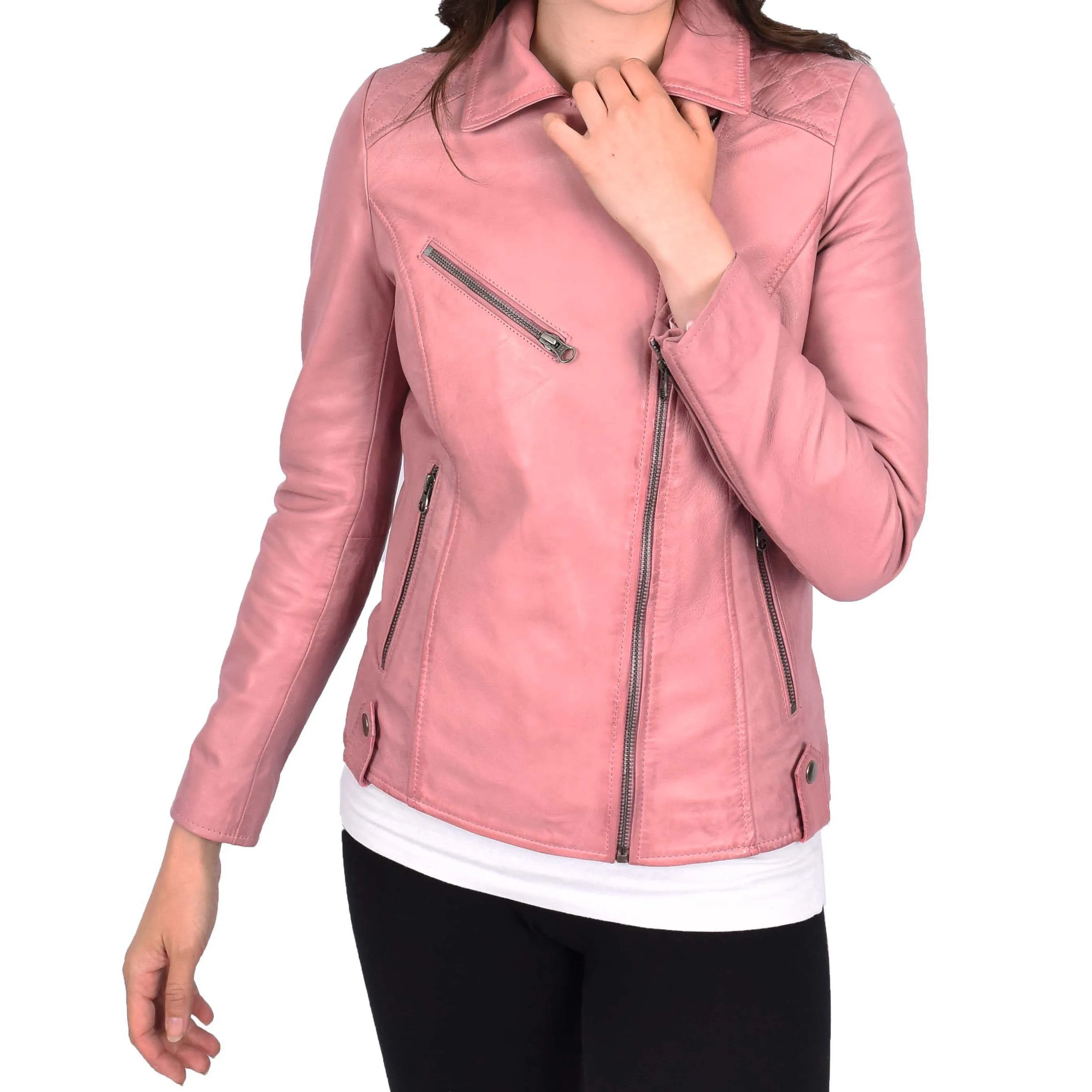 Womens Leather Biker Jacket Cross Zip Style Mona Pink