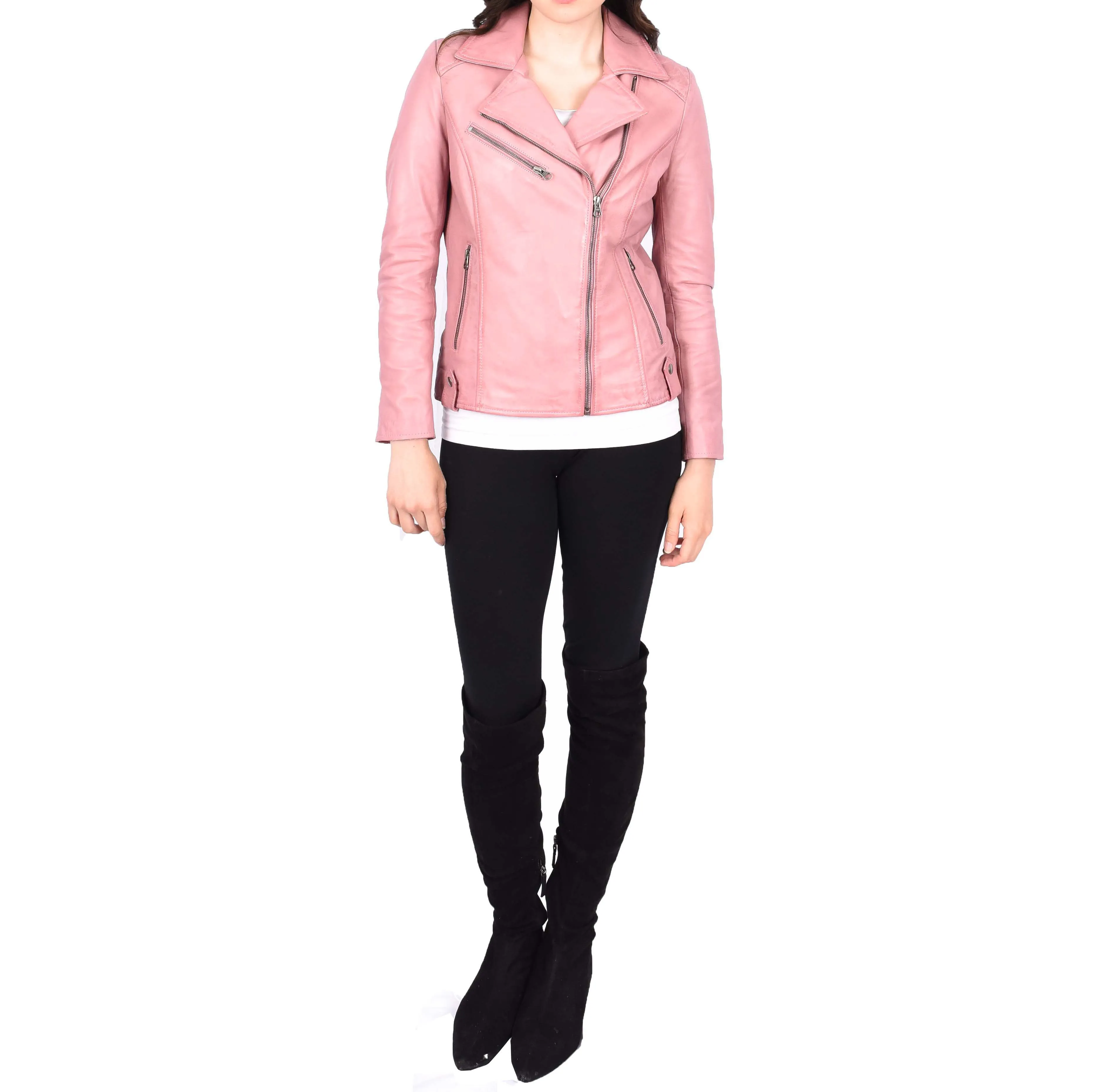 Womens Leather Biker Jacket Cross Zip Style Mona Pink