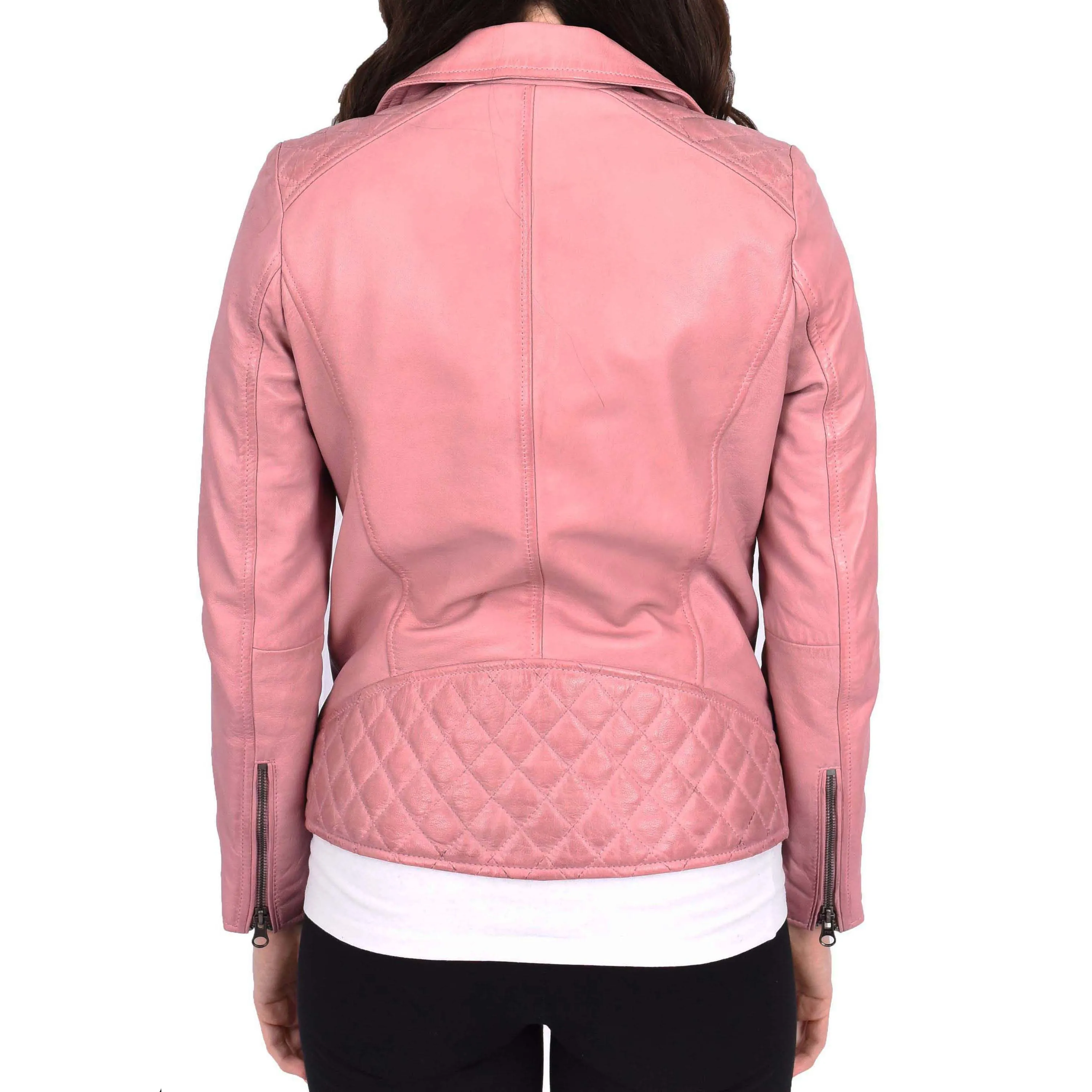 Womens Leather Biker Jacket Cross Zip Style Mona Pink