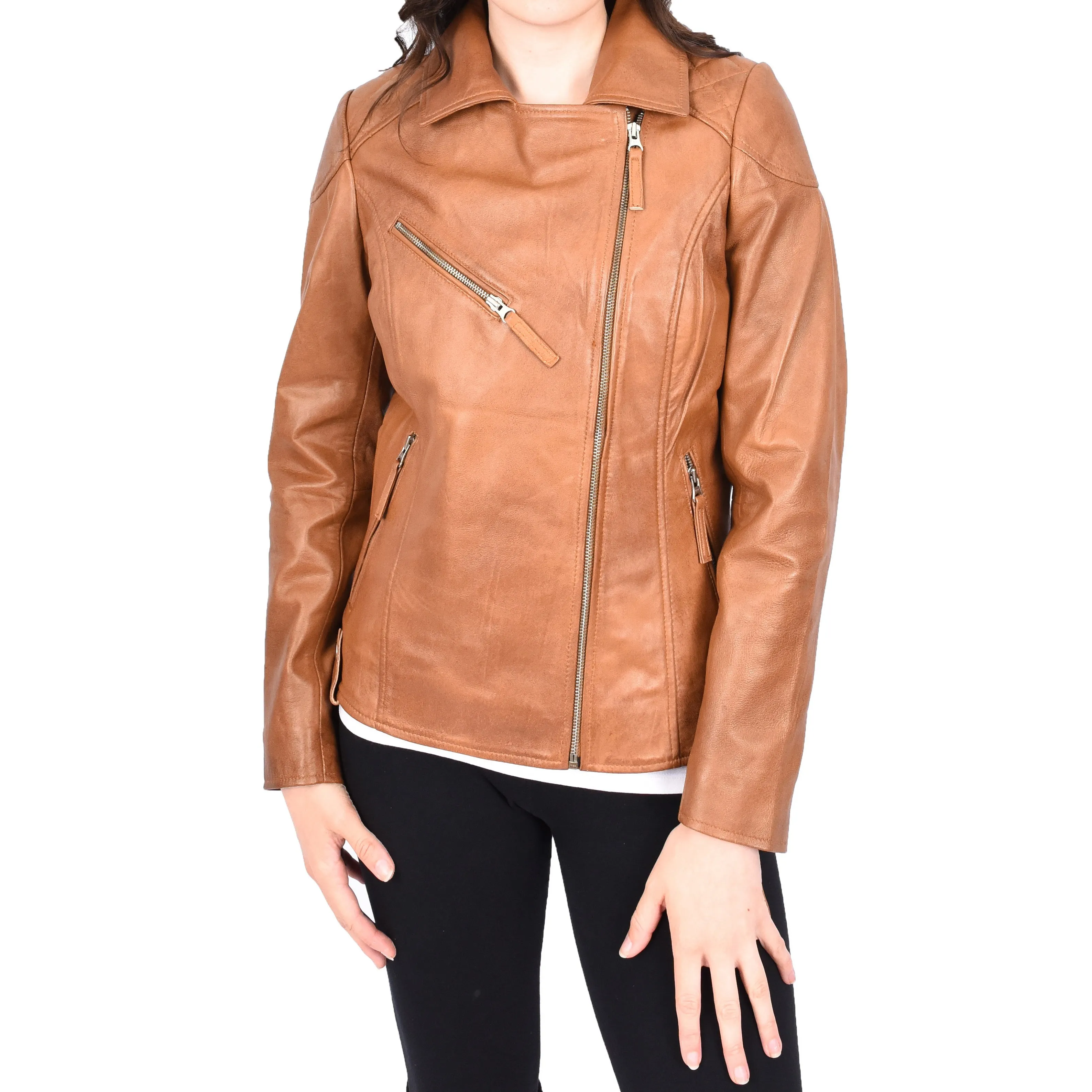 Womens Leather Biker Jacket Cross Zip Style Mona Tan