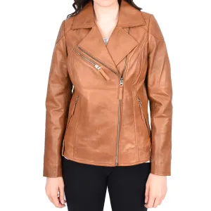 Womens Leather Biker Jacket Cross Zip Style Mona Tan