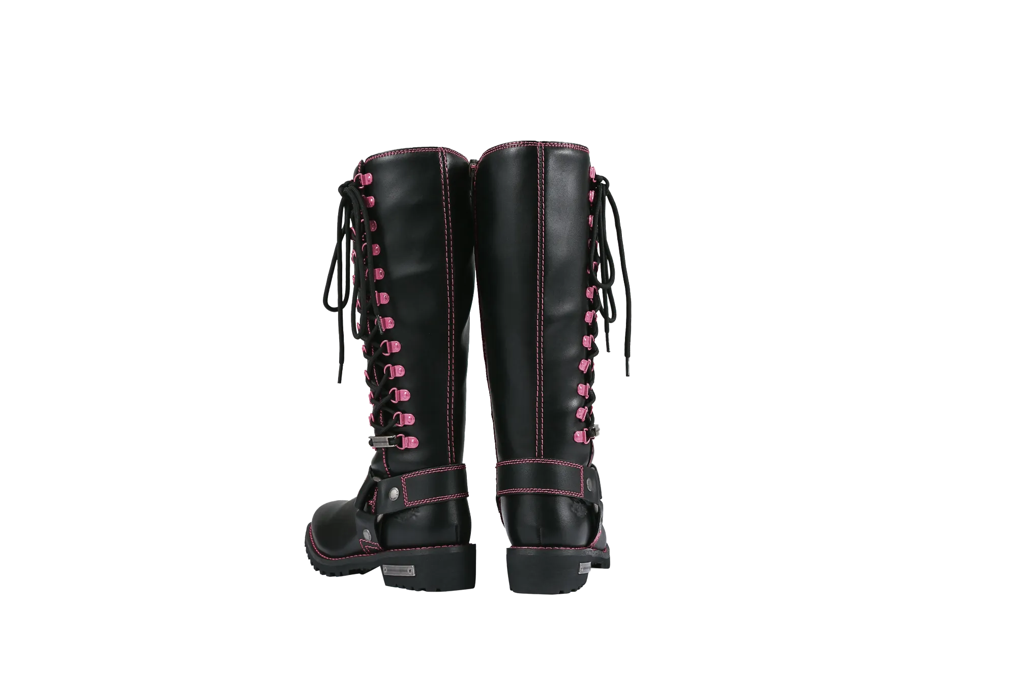 Women's Long Laced and Zipper Side Biker Boots Pink Trim