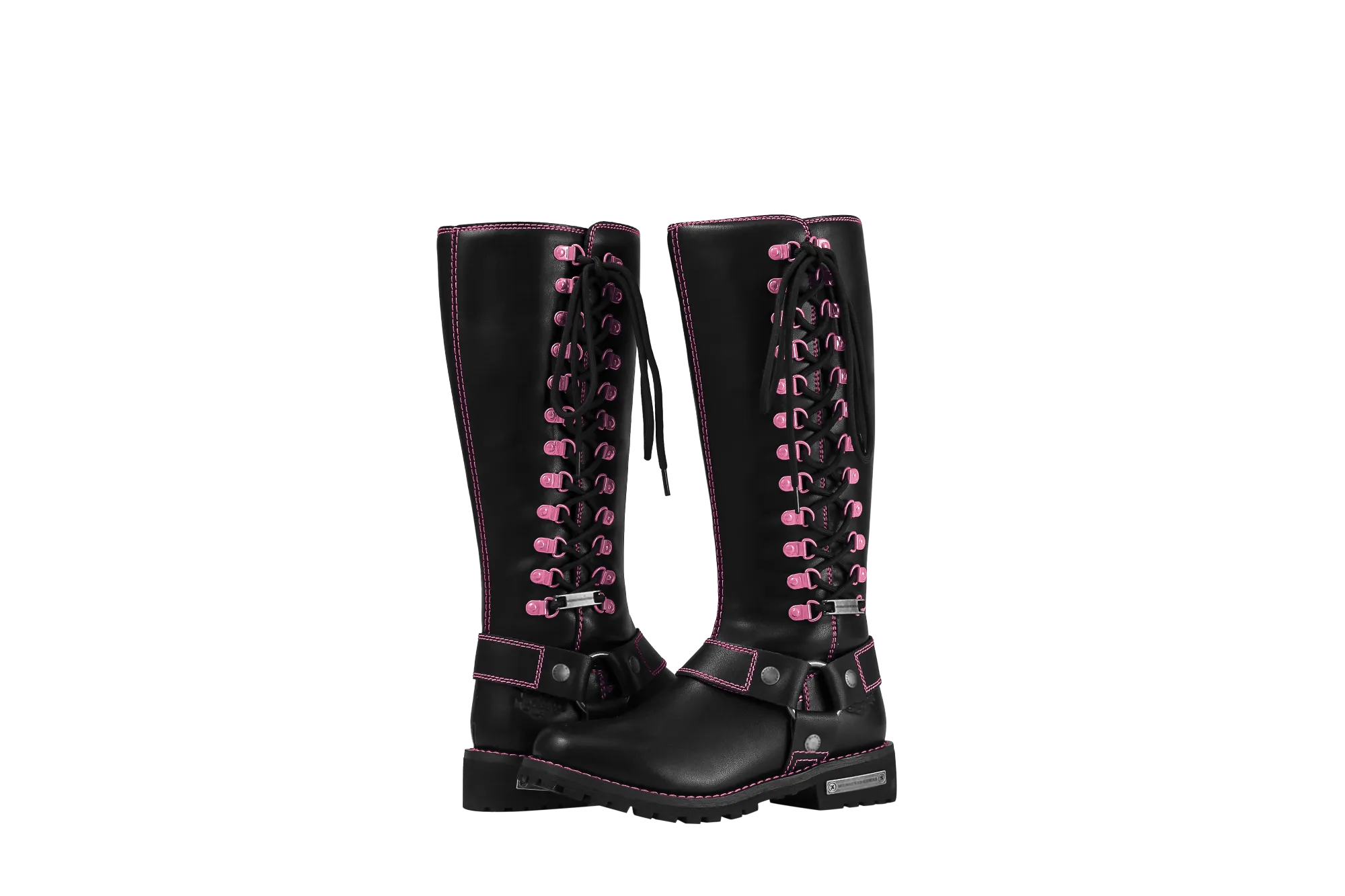 Women's Long Laced and Zipper Side Biker Boots Pink Trim