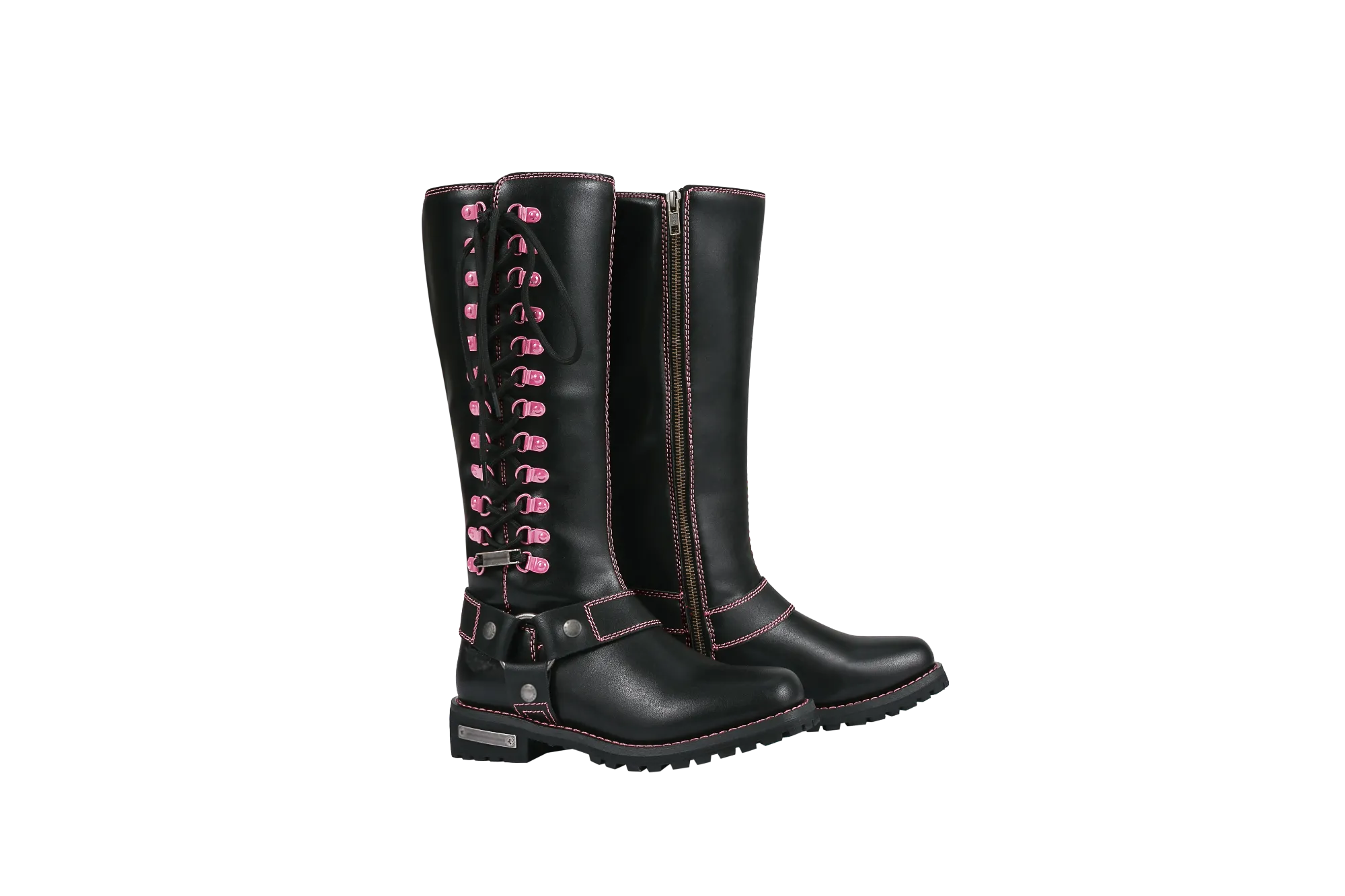 Women's Long Laced and Zipper Side Biker Boots Pink Trim