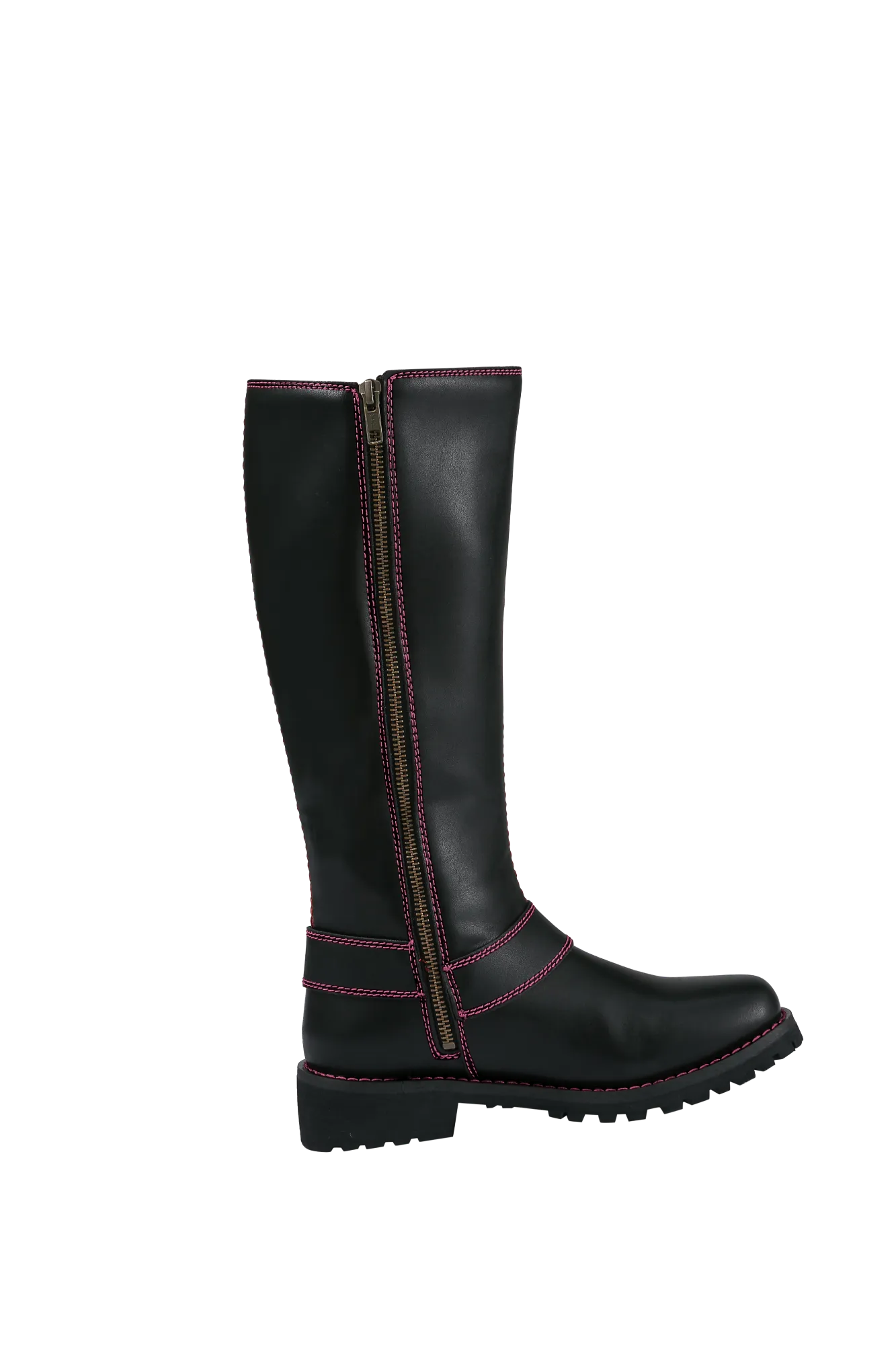 Women's Long Laced and Zipper Side Biker Boots Pink Trim