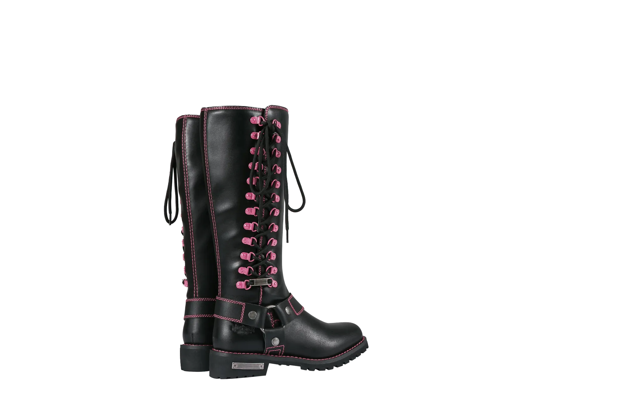 Women's Long Laced and Zipper Side Biker Boots Pink Trim