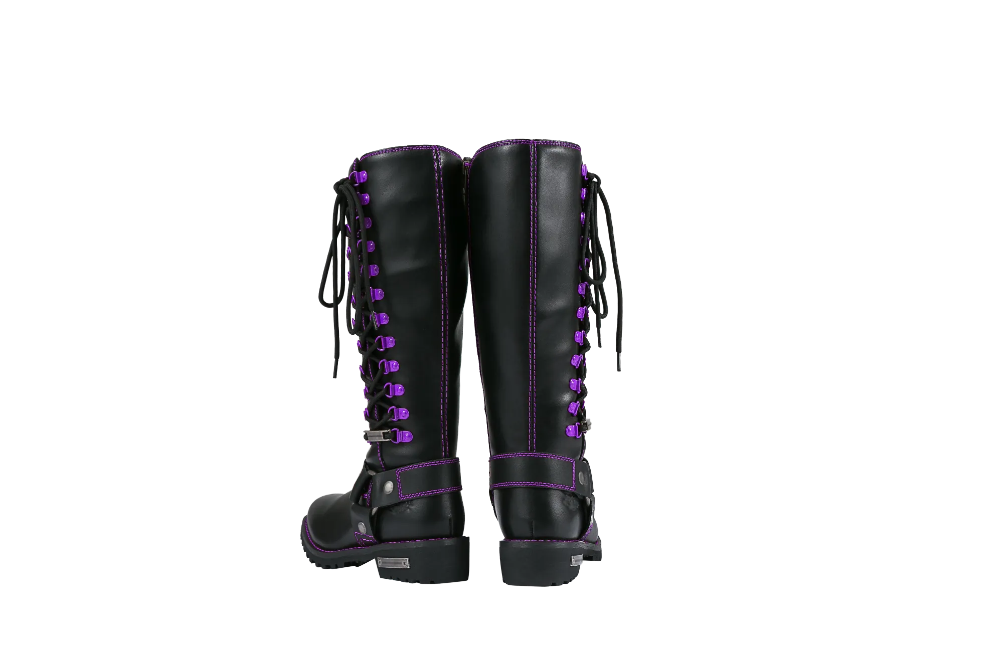 Women's Long Laced and Zipper Side Biker Boots Purple Trim