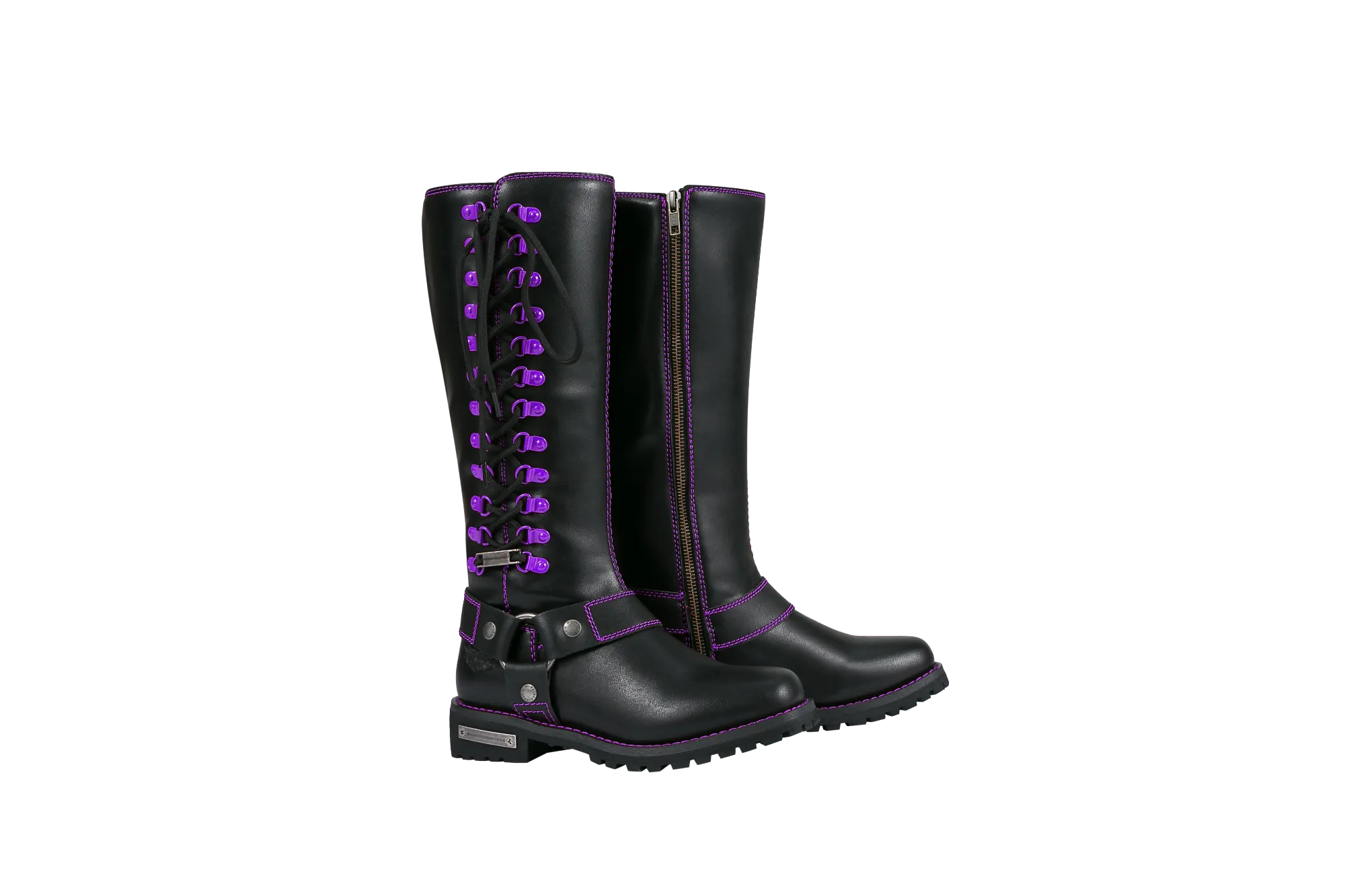 Women's Long Laced and Zipper Side Biker Boots Purple Trim