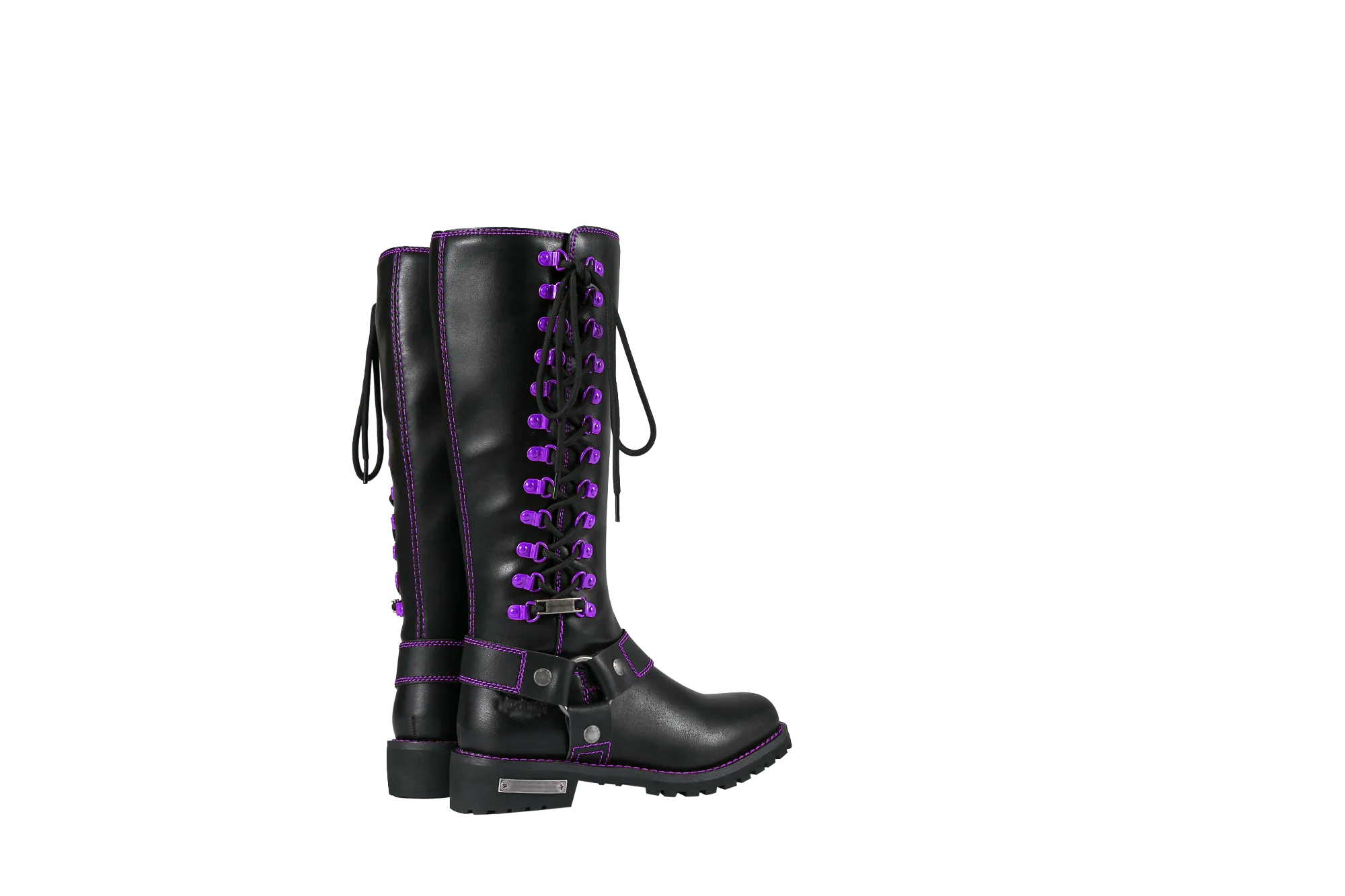 Women's Long Laced and Zipper Side Biker Boots Purple Trim