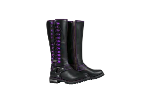 Women's Long Laced and Zipper Side Biker Boots Purple Trim