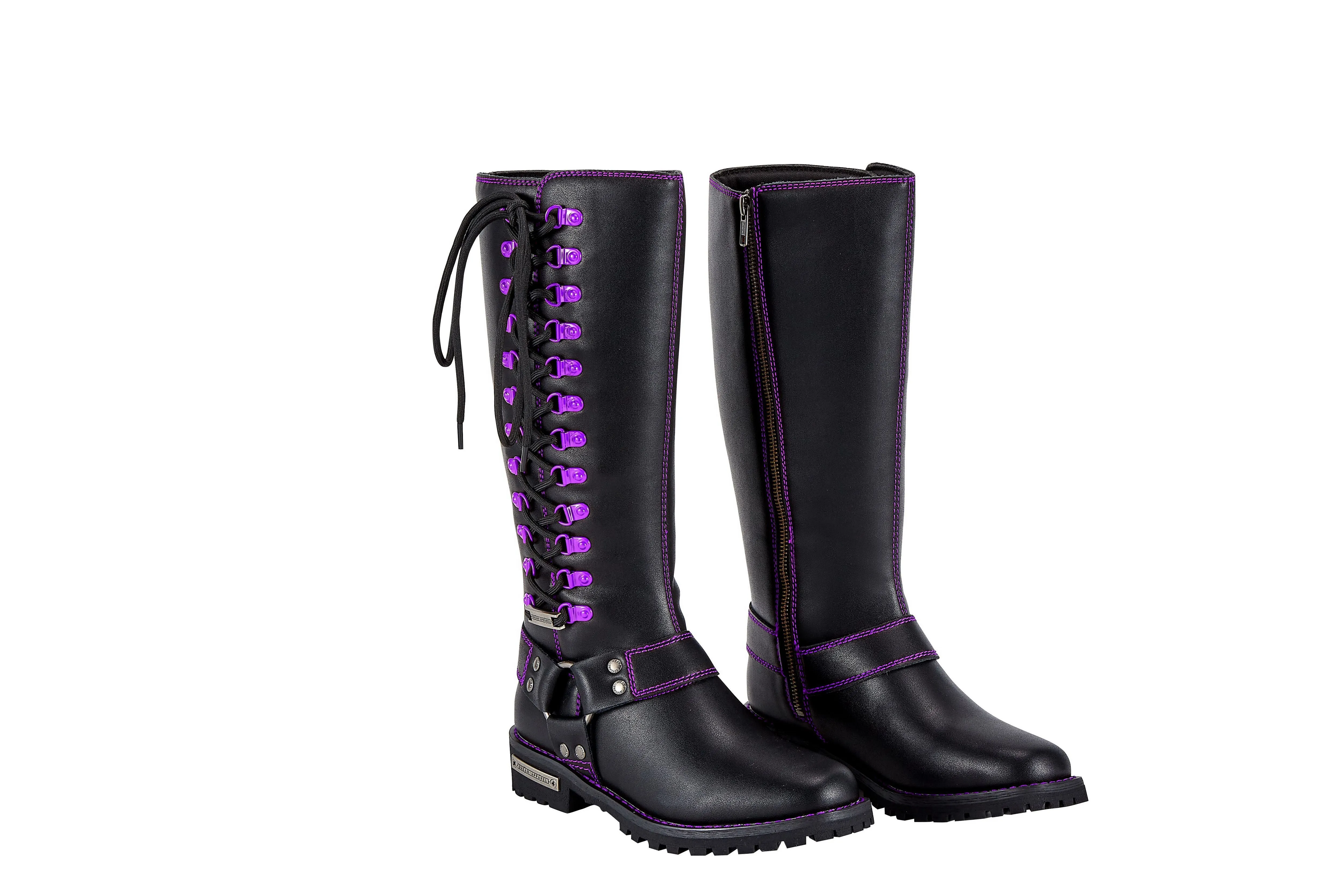 Women's Long Laced and Zipper Side Biker Boots Purple Trim