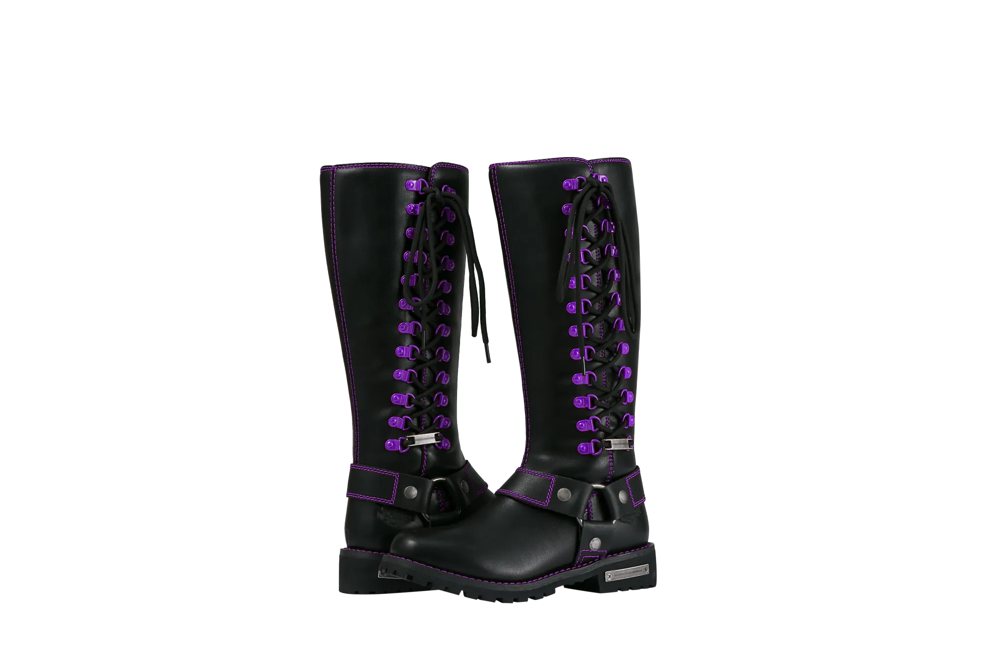 Women's Long Laced and Zipper Side Biker Boots Purple Trim