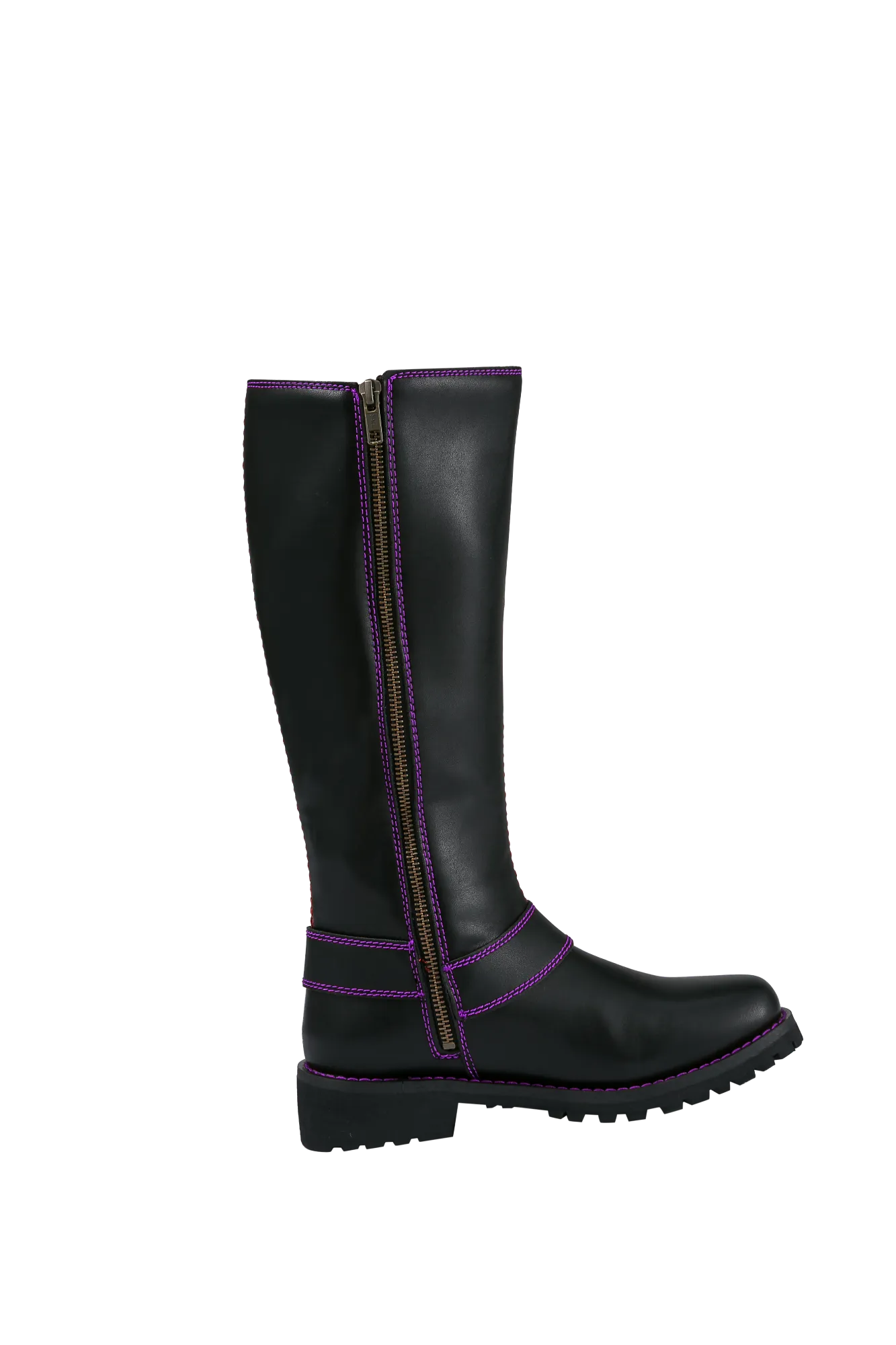 Women's Long Laced and Zipper Side Biker Boots Purple Trim