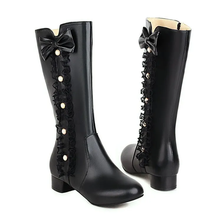 Womens' Pearl Lace Low Heels Knee High Boots