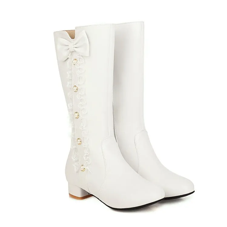 Womens' Pearl Lace Low Heels Knee High Boots