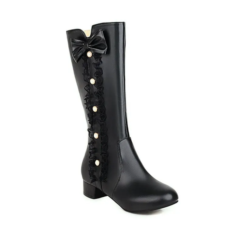 Womens' Pearl Lace Low Heels Knee High Boots