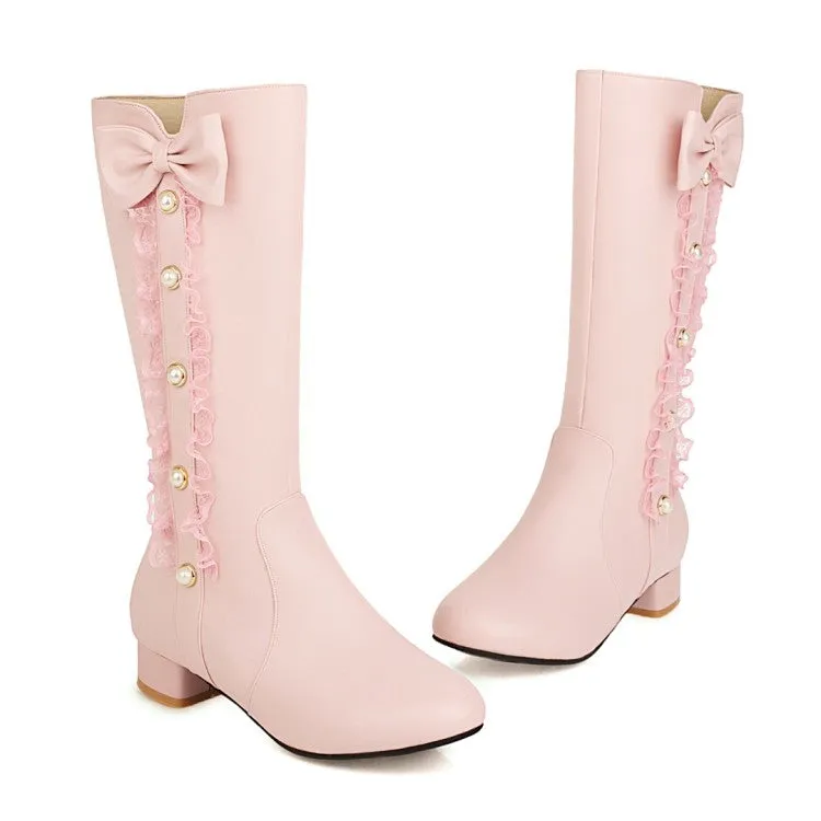 Womens' Pearl Lace Low Heels Knee High Boots