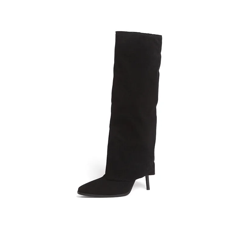 Women's Pointed Toe Fold Stiletto Heel Knee-High Boots