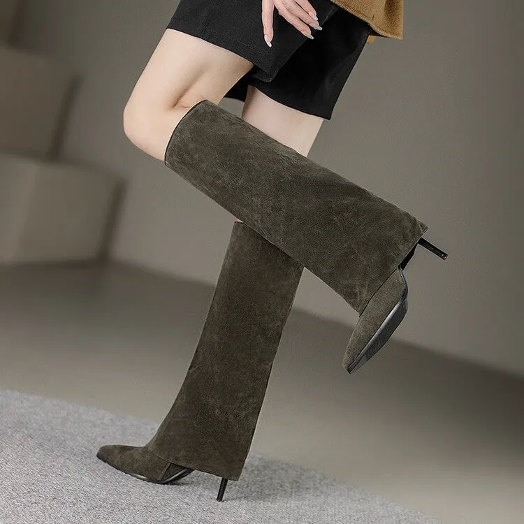 Women's Pointed Toe Fold Stiletto Heel Knee-High Boots