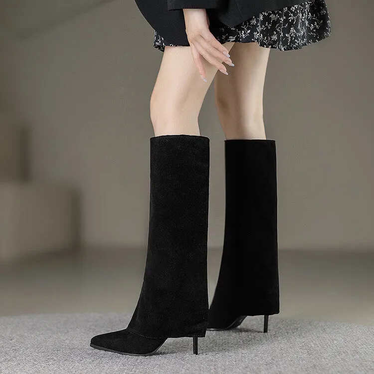 Women's Pointed Toe Fold Stiletto Heel Knee-High Boots