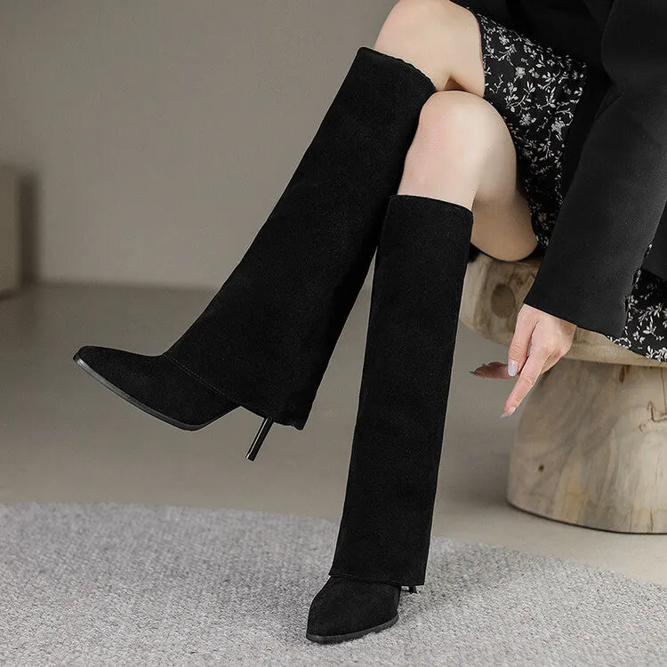 Women's Pointed Toe Fold Stiletto Heel Knee-High Boots