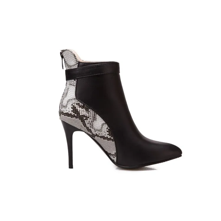 Women's Pointed Toe Snake-print High Heel Short Boots