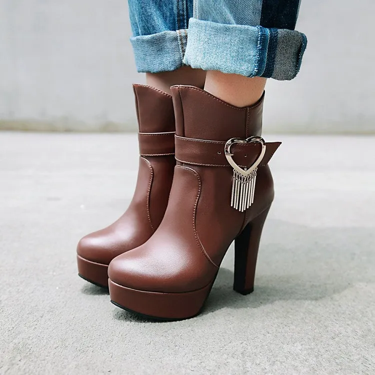 Women's Pu Leather Almond Toe Love Hearts Buckle Straps Tassel Block Chunky Heel Platform Short Boots