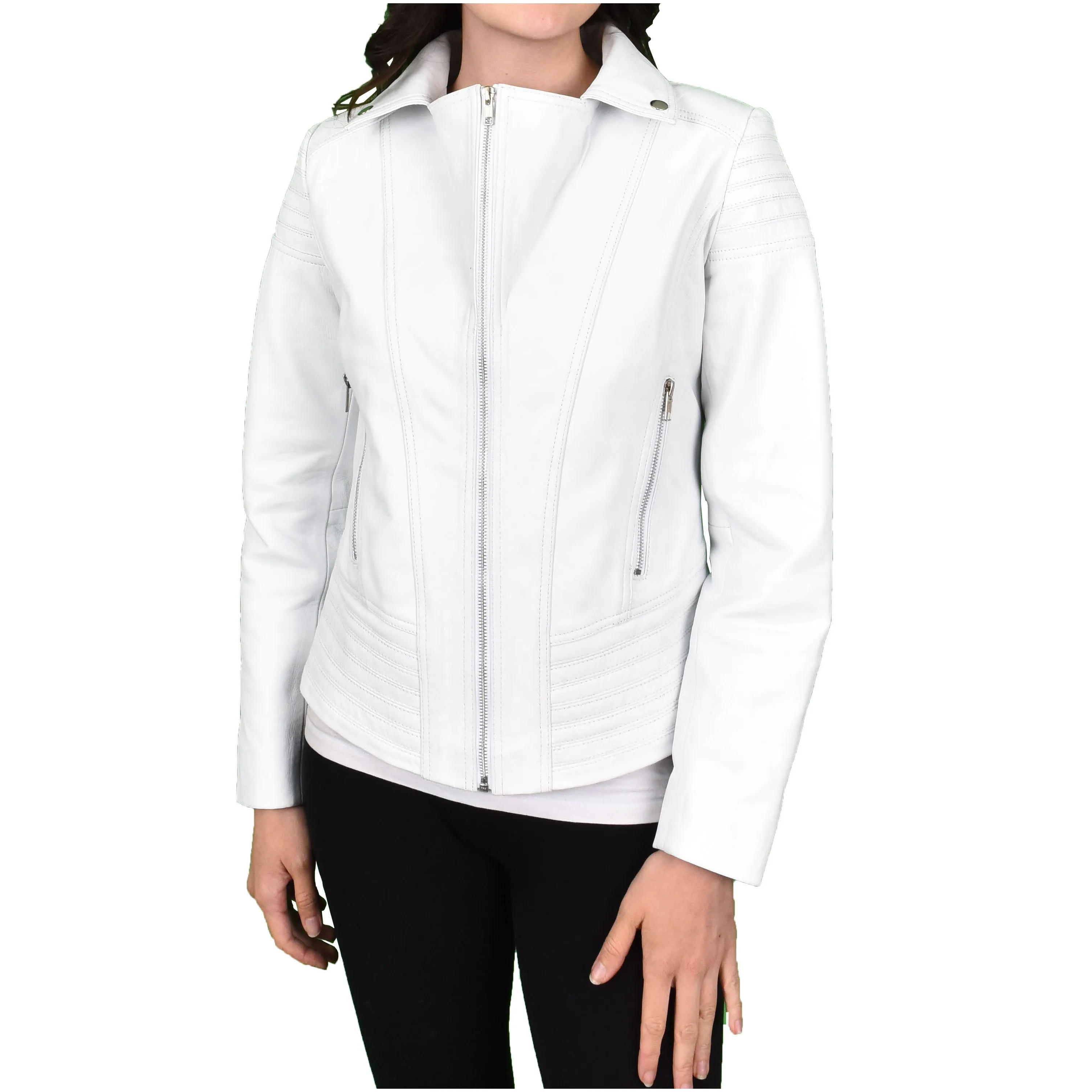 Womens Real Leather Biker Jackets Casual Fashion Outerwear Sonya White