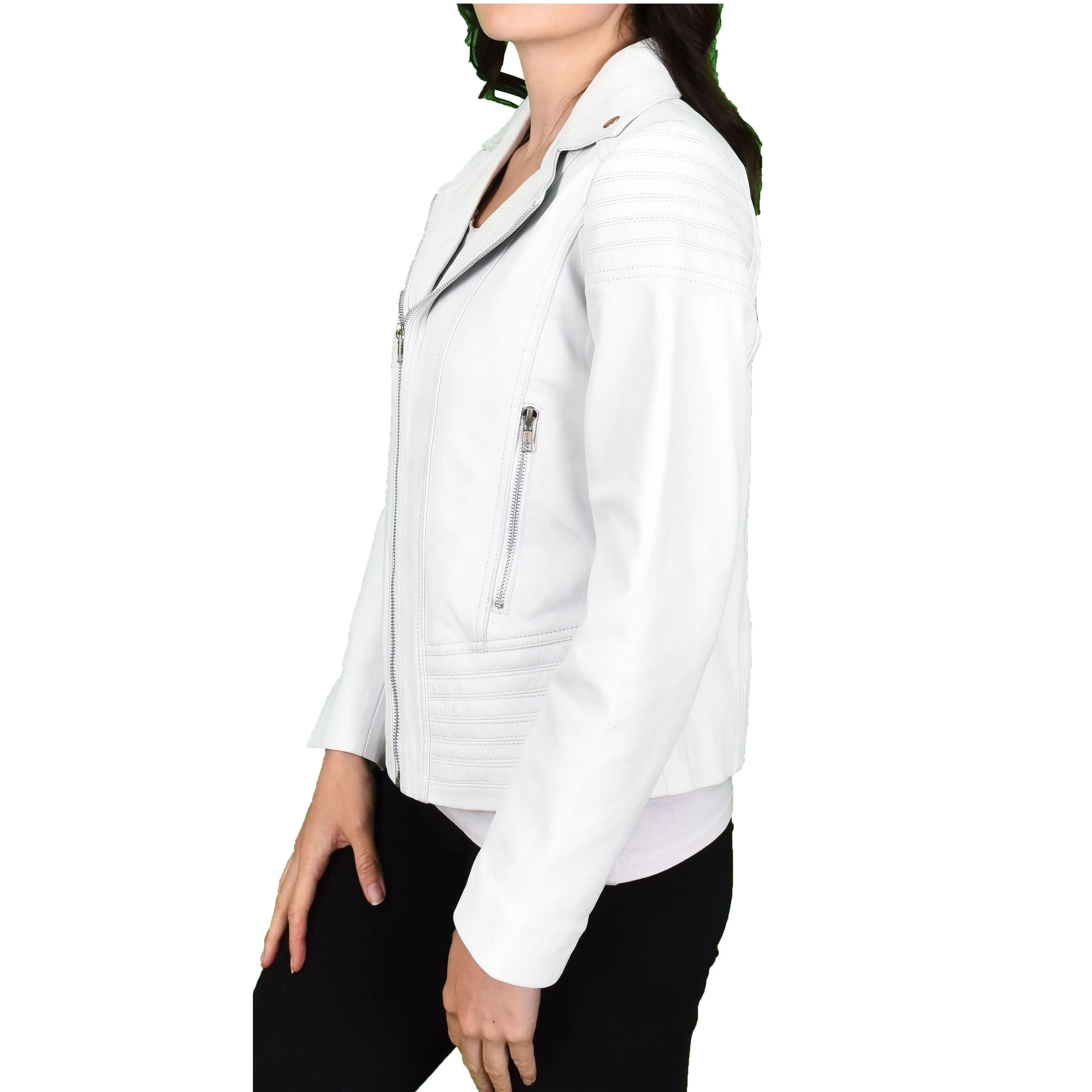 Womens Real Leather Biker Jackets Casual Fashion Outerwear Sonya White